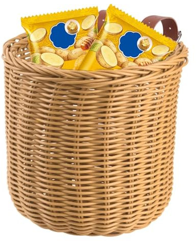 Front Handlebar Bikes Basketball, Imitated Rattan Bike Storage Basketball, 7,28 x 7,28 Zoll Hand-Woven Storage Holder mit PU-Riemen für Scooters, Kinder, Mädchen, , Camping,