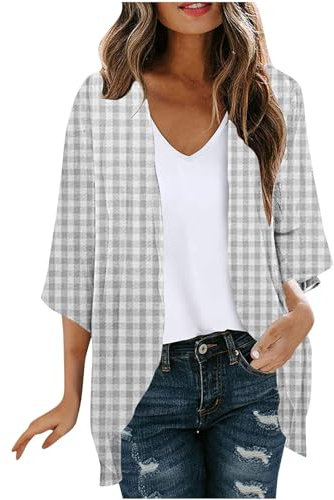 HAOLEI Copricostume Donna Mare Chiffon Kimono Cardigan Estivo Donna con Stampe Elegante Copricostume Mare Maniche a 3/4 a Tinta Unita Leggero Bluse Top per Spiaggia Party Vacanze