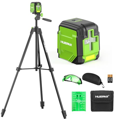 Laser Level with 152cm Tripod, HUEPAR 30m Self Leveling Laser Level Green Line Laser Cross Line Laser Leveler Tool for Picture Hanging, Tile, Home Renovation, Indoor Project, Battery&Goggles Included