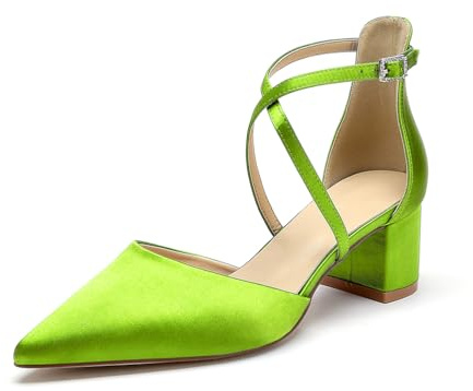 Donna Punta A Punta Scarpe da Sposa con Tacco Largo 5.5Cm in Raso Cinturino Incrociato Scarpe da Matrimonio,Lime,36 EU