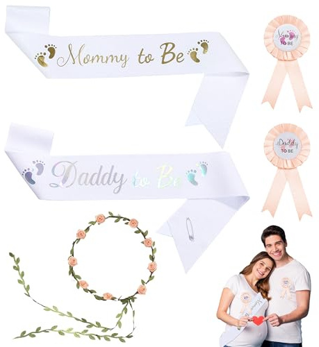 PYSEOSISE Baby Shower Schärpe, 5 Stück Babydusche Schärpen Set, Mommy to be Schärpe Daddy to be Schärpe mit Abzeichen und Blume Krone Stirnband für Baby Shower Party Dekoration