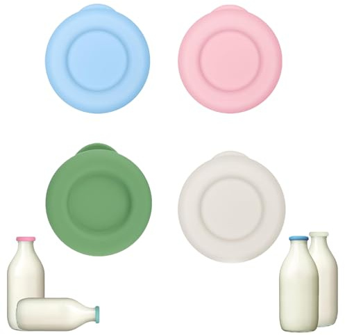 DYSWTUE 4 PCS Milk Bottles Tops, Reusable Silicone Mixed Caps, Dishwasher Safe, Designed for The UK One Pint Not 1L Milk Glass Bottle, Leakproof, Multicolour Green, Pink, Blue, Beige
