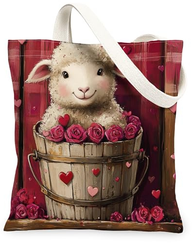 Tragetasche aus Segeltuch mit Schaf, 33 x 38 cm, Valentinstag, kariertes Herz, wiederverwendbare Einkaufs-Umhängetasche für Damen, Tiermalerei, Geschenk, Dekoration
