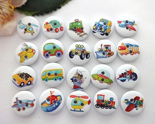 Holzknöpfe Kinderknöpfe Jungenknöpfe Dekoknöpfe Rund, Weiß mit bunten Fahrzeug-Motiven (Zufallsauswahl), 15 mm Durchmesser, 2‑Loch, 10 Stück – Apfelblüte Style & Accessoires