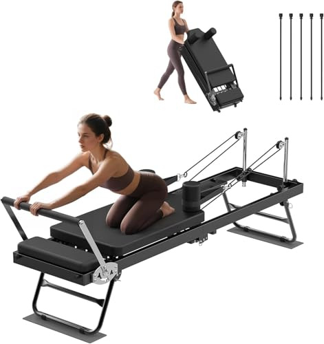 Pilates Reformer für Zuhause, Klappbares Pilates Board Fitnessgerät, Reformer Pilates Maschine mit verstellbarem Widerstand, Zugschlaufen, winkelverstellbarer Fußstange, 8-Rollen-System, bis 120 kg