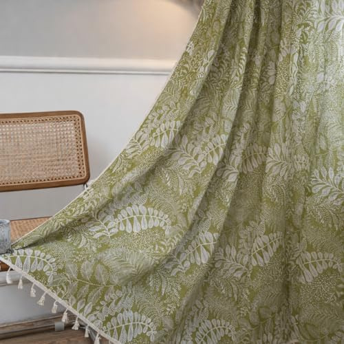 Tokusyou Grün Blätter Vorhang Landhaus Blickdicht Vintage Gardinen Pflanzen Leinenoptik Jacquard Baumwolle Vorhänge mit Quaste Rod Pocket für Wohnzimmer Schlafzimmer 1 Stück B150×H200cm