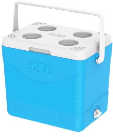DURAMAX Nevera Portátil de Picnic, 24 L, Azul Claro, con Tapón de Desagüe y Portavasos, 41,5x28x35 cm, para Playa y Camping