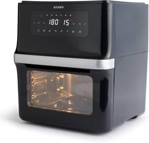BIGBEN Air Fryer XXL, Four à Air Pulsé 12 L 1700 W, Friteuse Sans Huile Compacte, écran LCD, 8 Programmes, Rôtissoire, Panier Frites rotatif, Maintien au chaud et accessoires inclus, noir - AIRF01BK