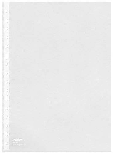 Esselte 46134 - Caja de 100 Fundas Porta Documentos con 30% de Plástico Reciclado, Tamaño Folio, Multitaladro - 16 Agujeros y con Refuerzo, Material PP de Piel de Naranja, Copy-Safe, Transparente