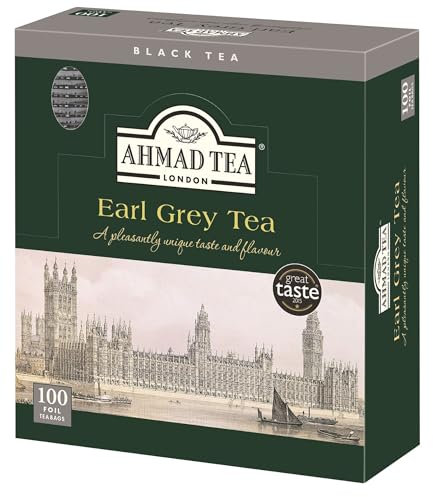 Ahmad Tea - Earl Grey - Schwarztee aus Größeren Teeblättern mit Bergamotte - Einzeln Verpackte, Aromaversiegelte Teebeutel mit 2g Tee pro Portion - 100 Teebeutel mit Band