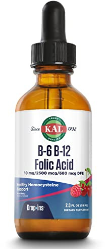 KAL Vitamin B-6 B-12 Folic Acid DropIns, Liquid Vitamin B Supplement Drops, Heart Health, Energy, Red Blood Cell Support with Methyl B12 and Methyl Folate, Natural Mixed Berry Flavor, 59 Servings, 2oz