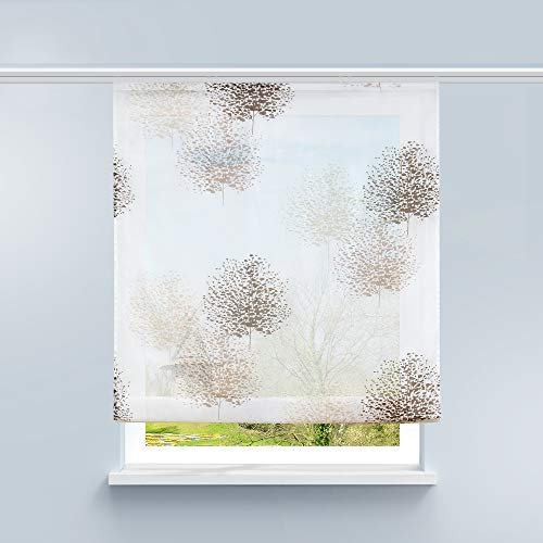 HongYa Raffrollo Voile Gardine Transparente Raffgardine mit Klettschiene Küche Vorhang Kleinfenster H/B 140/80 cm Baum Muster