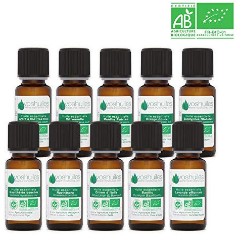 Kit Indispensables Bio 10 Huiles Essentielles - 100% Pure et Naturelle - HEBBD, Ecocert - Tee Trea, Citronnelle, Eucalyptus Globulus, Lavande, Ravintsara, Basilic, etc - 10x10 ml Parfums - VOSHUILES