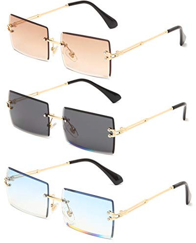 Long Keeper Sonnenbrille Damen Vintage 90s Retro Rechteckig Sonnenbrille Randlos Für Damen Herren Mit Uv Schutz (Farbverlauf Braun+Dunkelgrau+Farbverlauf blau)