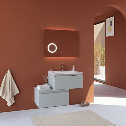 Kiamami Valentina - Armoire de Toilette Gris Clair 90 cm avec Miroir LED et tiroir excentré | Seattle