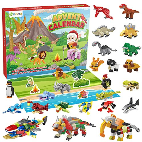 D-FantiX Weihnachts-Adventskalender für Kinder, 24 in 3 Mini Dinosaurier Tiere Bauklötze Spielzeug Sets, 24 Tage Weihnachts-Countdown-Kalender, Überraschungsgeschenk für Jungen Mädchen