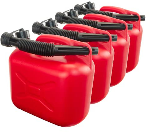 Trevendo Kraftstoffkanister für Benzin und Diesel, Benzinkanister, Reservekanister, Deckel mit Dichtring, Flexibler Ausgießer, AdBlue-beständig, rot (4 Kanister, 5 Liter)