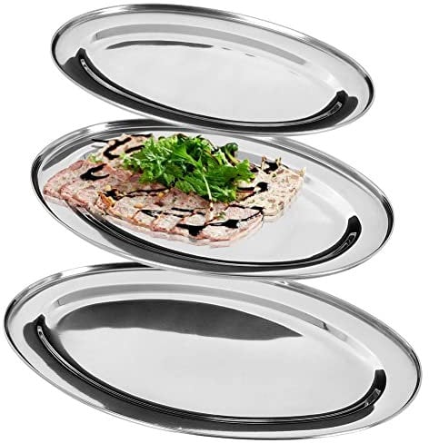 Lot de 3 plateaux de service ovales en acier inoxydable argenté