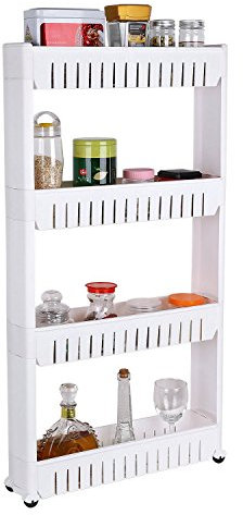 Livhome 4 Tier Slim Slide Out Kitchen Trolley, Storage Shelf, Moving Wall Cabinets Tower Holder Rack on Wheels, Rolling Storage Unit Cart for Kitchen, Bathroom, Laundry