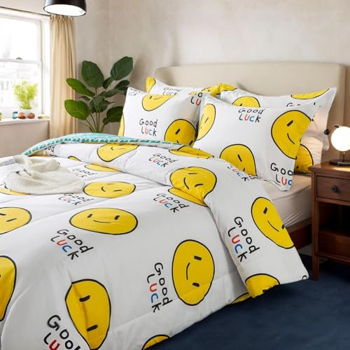 Lemfux Bettwäsche-Set aus 100 % gekämmter Baumwolle, King-Size-Größe, weiß, 3-teilig, lächelndes Gesicht, bedruckt, flauschig, gemütlich, Daunen-Alternative, super atmungsaktiv, niedlicher Emoji-Stil,