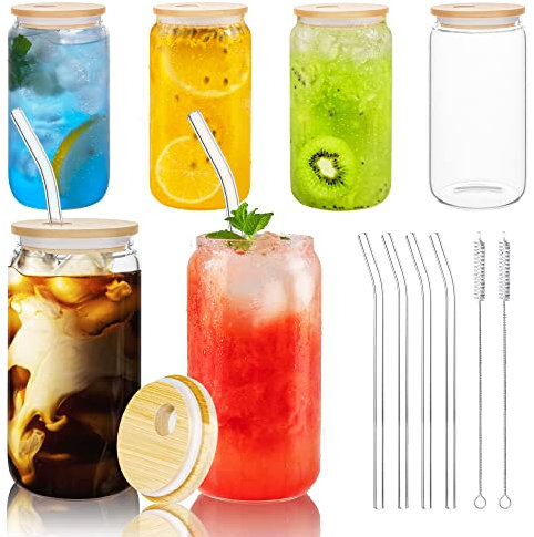 bemece Cocktailgläser mit Deckel und Strohhalm, 6 Stück Bierdosen Glas Smoothie Glas für Wasser, Cocktails, Bier, Soda, Säfte, Smoothie
