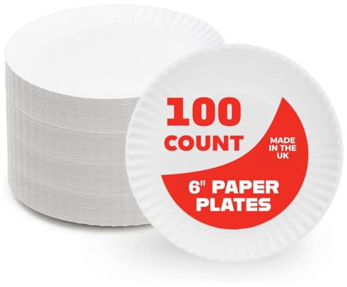 Ask Packaging 100 Paper Plates 15cm - 6 inch Disposable White Paper Plates – 100% Natural & Recyclable for Hot & Cold Use - Perfect for Everyday Use, Birthday, Picnic, Anniversary, Parties, Christmas