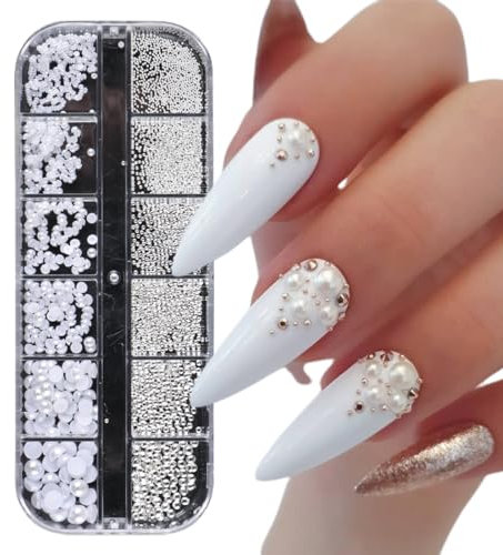 ZCSOWE Acryl-Nagelschmuckdesign 1 Schachtel/12 Fächer mit Nagelstrass Nail Art Strasssteine,Weiße Perlen Für Nägel Halbrunde Perlenkugeln Nail Charms Klein perlen für nägel Nails Charms Nail gems