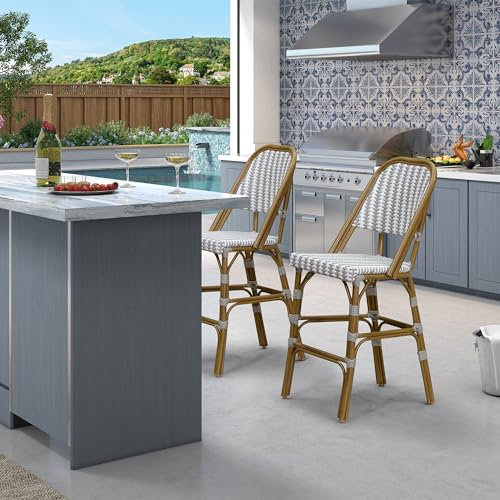 PURPLE LEAF französischer Barhocker 2er-Set, Barstühle mit Graues und Weißes verwoben Finish, Outdoor-Tresenhocker Rattan, Alu-Gestell, mit Rückenlehne & Aluminium Gestell, Grau