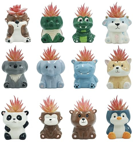 Lot de 12 pots de cactus mignons en forme d'animal de dessin animé - Plantes non incluses (environ 7,1 cm)