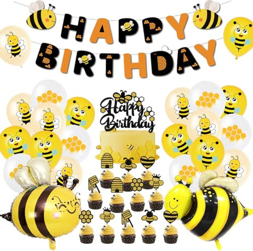 Biene Geburtstag Deko Set - XXL Folienballons Mit Happy Birthday Girlande, Party Kindergeburtstag Dekoration, Tortenstecker, Luftballons für Kinder