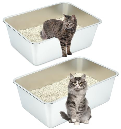 Sbayool 2 Stück Edelstahl Katzenklo Groß, Stainless Steel Cat Litter Box, Offene Katzentoilette Ohne Deckel Hop für Katzen, Antihaft Glatte OberfläChe, Niemals GerüChe, Rostschutz(60 x 40 x 20 cm)