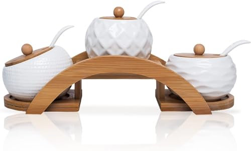 Oriental riverkit Ceramic Spice Jars, 3 in 1 Porcelain Spice Jar set with spoon, Bamboo Lid and Arched Tray, Ceramic Condiment Pots with Lid for Kitchen, Home