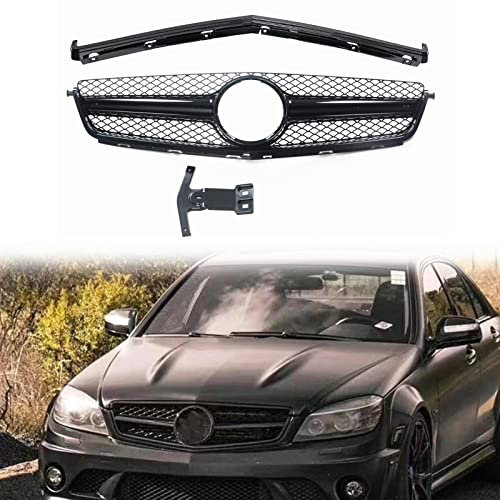 VIDOJI Kühlergrill Grill Für Benz W204 C-Klasse 2008–2011 C63 AMG Nur Schwarz Mit Rahmenabdeckung Verkleidung Auto Obere Stoßstange Haube Mesh, XFOZBH9