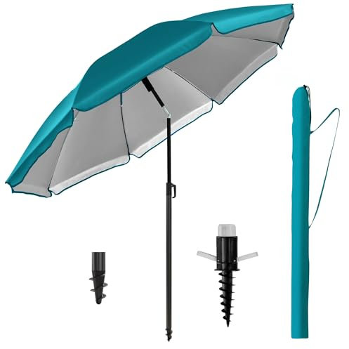 Menz Sonnenschirm Strand als Sonnenschutz Strand 3-IN-1 SET - UPF 50+ Strandschirm 180 cm in Türkis + stabile Sonnenschirm Bodenhülse + robuste Sonnenschirmhülle