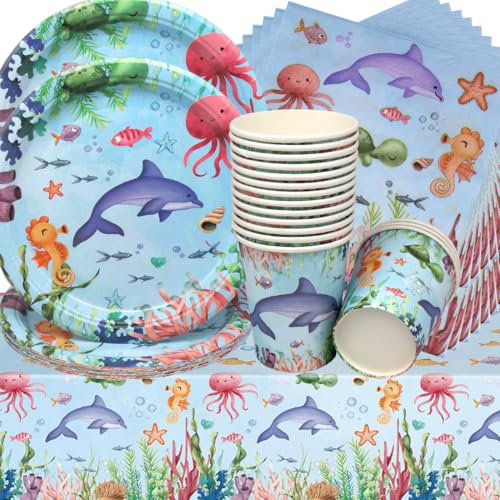 Stoviglie per Feste Animali Marini,Doyomtoy 53 Pezzi Animali Oceanici Compleanno Decorazioni Ocean Sea Piatti di Compleanno, Tazze, Tovaglioli per Bambini Compleanno Favors