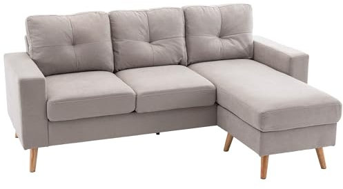 HOMCOM Canapé d'angle en Tissu de Lin, canapé 3 Places, Chaise Longue Reversible Gauche ou Droite, 193 cm, Design scandinave, pour Salon, Appartement, Petit Espace, Pieds en Bois Massif, Gris Clair