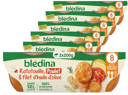 Blédina - Bols - Repas midi bébé - Ratatouille Poulet et filet d'huile d'olives - Dès 8 Mois - Sans sel ajouté – 12x200g