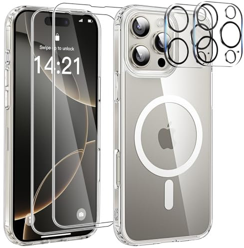 YisrLery Magnetica Cover per iPhone con 2 Vetro Temperato e 2 Vetro Fotocamera, Compatibile MagSafe Hard PC Anti-Graffio Protettiva Case Antiurto Bumper TPU Custodia (Trasparente, iPhone 16 Pro Max)