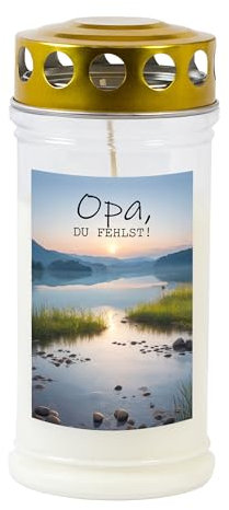 Gedenkkerze Grabkerze Opa Du fehlst - 70-90 Std. Brenndauer Trauerkerze Opa - Langlebig, 100% Pflanzenöl, Weiß mit Golddeckel TLB - JEKA