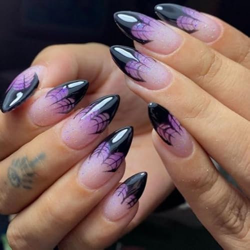 NATOSU 24 Stück Halloween French Tip Aufdrücknägel, lange lila Spinnennetz-Kunstnägel, glitzernder Acrylkleber auf den Nägeln, glänzende Nagelspitzen für Frauen und Mädchen, Cosplay