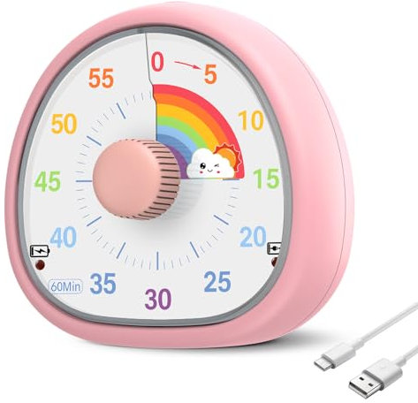 Minuteur Visuel,Compte à Rebours de 60 Minutes,Minuteur Visuel Timer Enfant Silencieux,avec Motif Arc-en-Ciel,pour Cuisine, Salle de Classe, Réunions - Rose