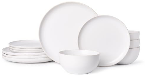 ALOFMO Juego de vajilla de cerámica, 12 piezas, platos para pasta, cuencos de sopa, platos modernos de gres, beige