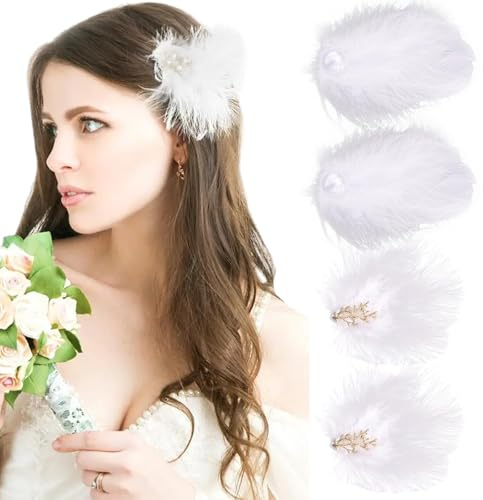 Yeomju Lot de 4 barrettes à cheveux à plumes, épingles à cheveux cygne autruche artificiel perle pour femmes filles mariée mariage fête, scène spectacle accessoires cheveux (blanc)