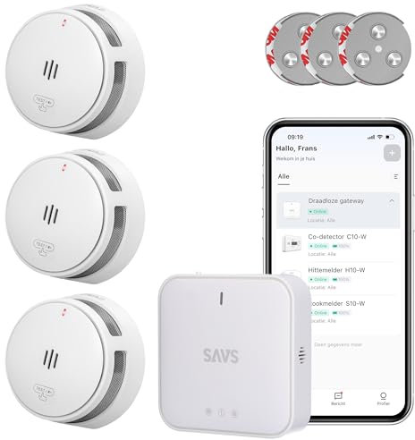 SAVS WLAN Rauchmelder Vernetzt Bundle - 3 S10-W RF & WiFi Smart Brandmelder und G10 Basisstation - 10 Jahre Batterie - Gateway Funktioniert über App - Magnetische Montage ohne Bohren