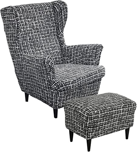 ZGantrix Ohrensessel überzug mit Hocker Bezug, 2 Teilig Sessel-Überwürfe+1 Teilig Ottomane Schonbezug, Beige/Grün/Rosa/Blau Ohrensessel Schonbezüge Sesselhusse Stretch Tiger Stuhlbezug mit Armlehne