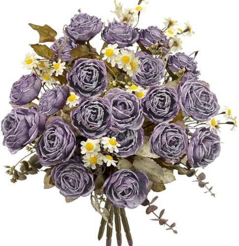 Daily Treasures Vintage Künstliche Blumen Strauß Set - Künstliche Seidenblumen Arrangement, Geröstete Rosen mit Gänseblümchen, Herbst Hochzeitsdekoration Tischdeko Party Deko (Lila, 30CM)