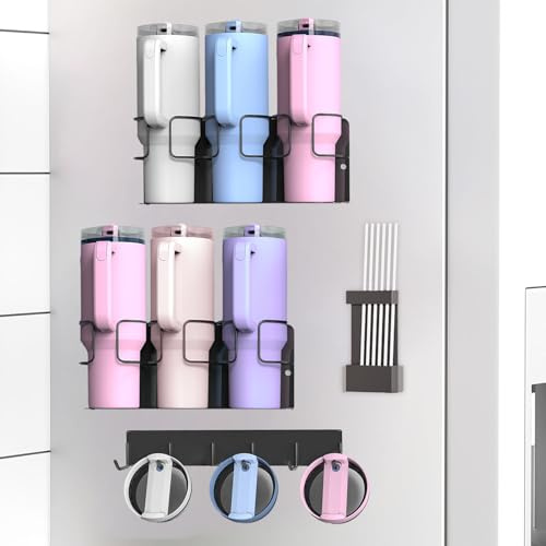 Dsnirasy 2Pack Magnetic Cup Holder for Fridge, Magnetic Cup Holder for Stanley 20/30/40oz, with Straw Rack & Hook, for Fridge, Kitchen Cabinet