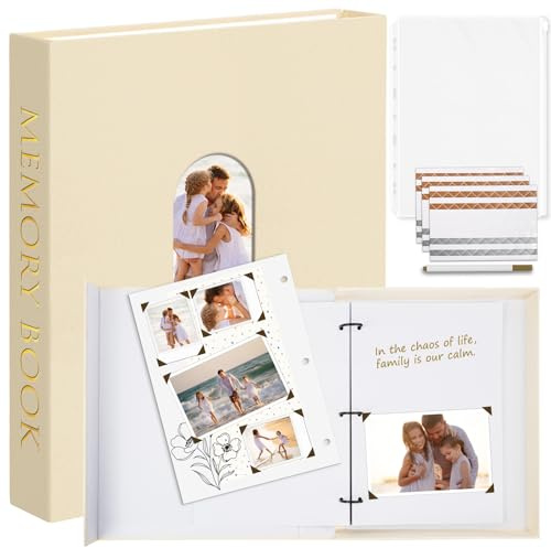 Hiwhy Fotobuch zum Selbstgestalten 21 x 28 cm, Leinen Scrapbook Fotoalbum mit 100 Weißen Seiten, Erinnerungsbuch Gästebuch für Jahrestag Geburtstag Hochzeit, Beige