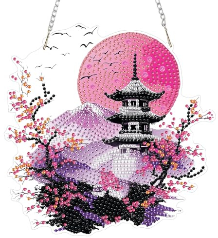 AIRDEA Japanische Pagode Diamond Painting Fensterbilder, 5D Brillante Gebirgskette Diamond Painting Fensterbilder Beidseitig, Bausätze für Diamantmalerei Suncatcher Erwachsene