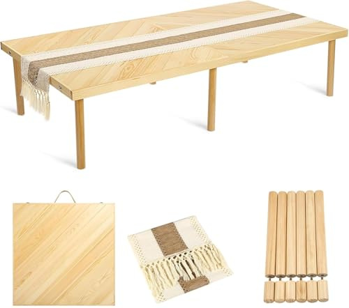 Tragbarer Klapptisch aus massivem Holz, 152,4 cm x 71,1 cm, höhenverstellbar, geeignet für Picknicks, Hochzeiten, Gärten, Camping, Strände und Partys. Natürliche Holzfarbe